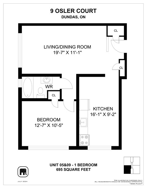 A floor plan for a 9 OSLER COURT unit with a living/dining room, kitchen, and bedroom.